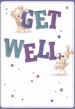 Across a crisp, inviting canvas, this cheerful get well card springs to life-two lovable characters, a teddy bear and a spirited puppy, dance around the bold, colorful letters that spell out 'Get Well'. The bear clings gently to the top of the message, while the puppy snuggles close below, their plush fur and floppy ears rendered in rich brushstrokes that almost invite a comforting hug. Indigo and teal hues light up the lettering, contrasted against a creamy white that echoes the peaceful gardens of Holland Park. Scattered stars shimmer in gradients of blue and purple, casting a hopeful glow reminiscent of early morning sunlight filtering through local avenues. There's an open-hearted optimism here, the kind we strive for at Flower Delivery Holland Park when crafting floral gifts destined for nearby homes on Abbotsbury Road or the bustling lanes by Holland Park Mews. This card isn't just a visual greeting-it's an expression of warmth and support, designed to offer solace and kindness just when it's needed most.